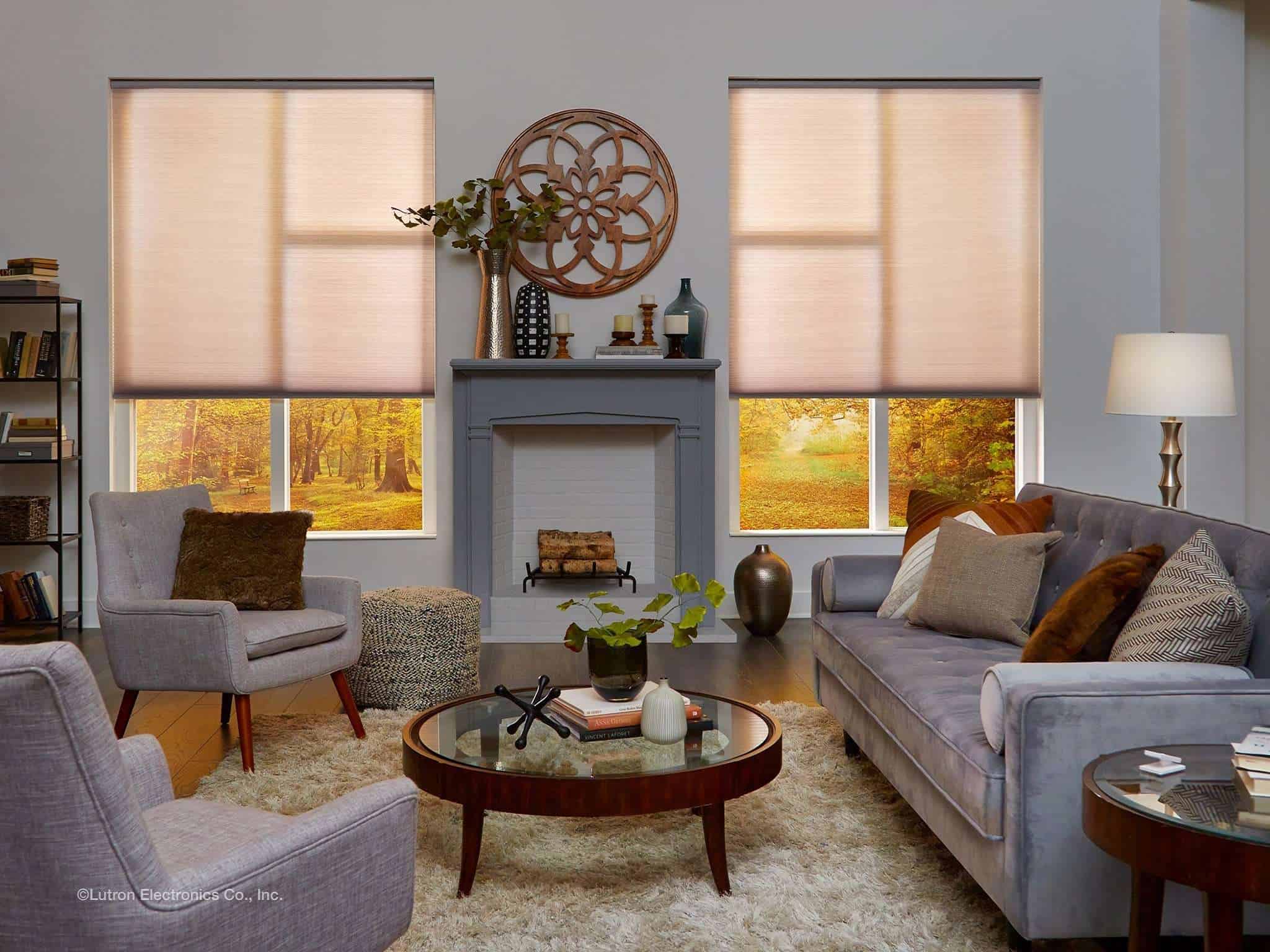 Living room with honeycomb shades from Shade.Shop
