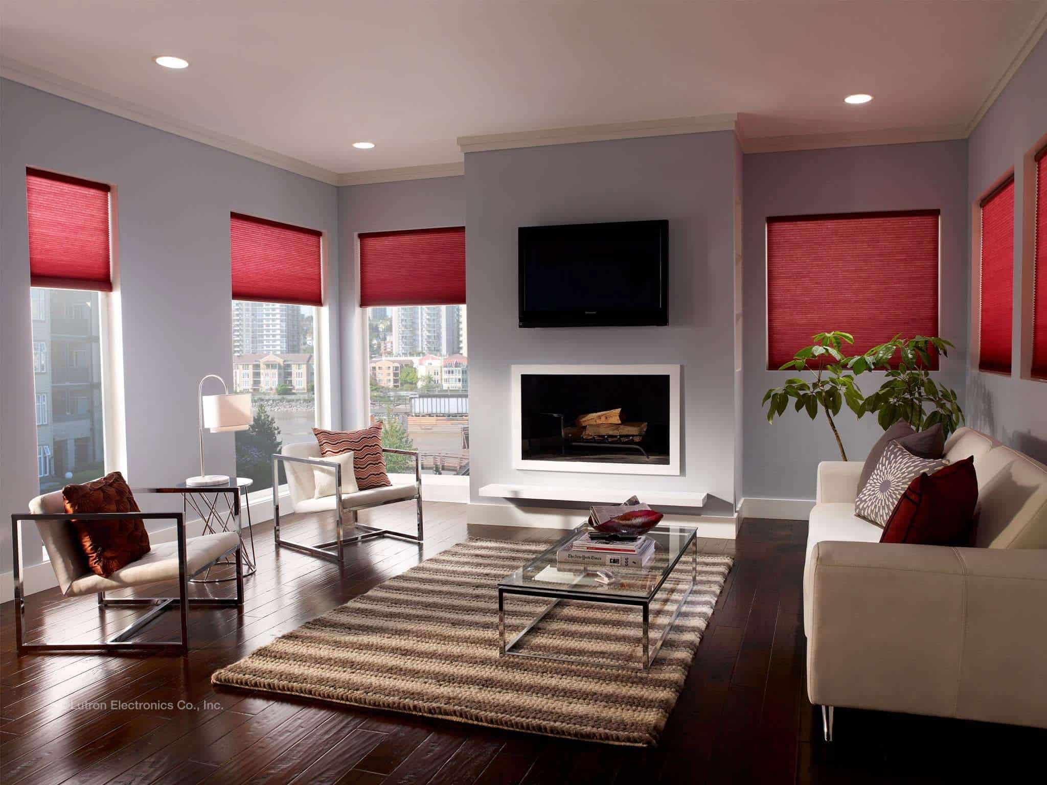 TV room with honeycomb shades from Shade.Shop