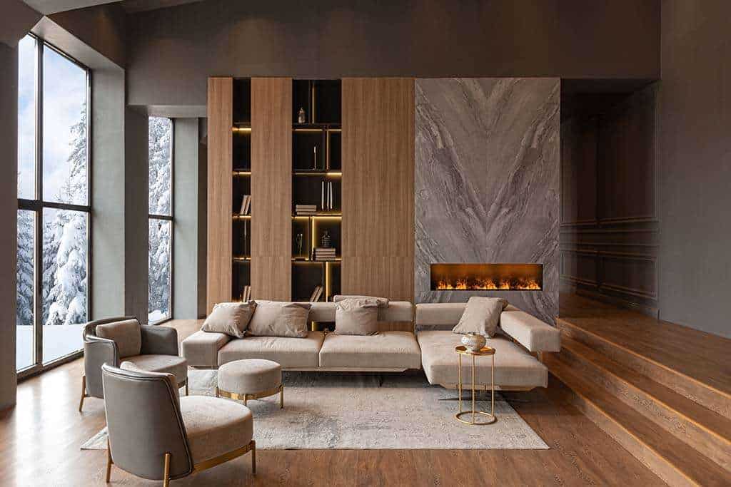 a-modern-luxury-living-room-with-windows-looking-out-over-a-snowy-scene - Shade.Shop A modern luxury living room with windows looking out over a snowy scene